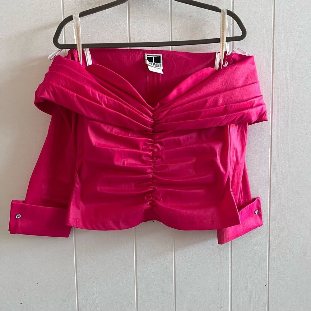 Tadashi Womens Hot Pink Stretch Taffeta V Neck Ruched Top